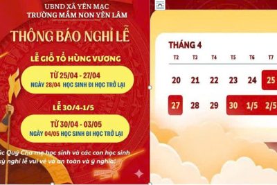 TRƯỜNG MẦM NON YÊN LÂM 🎉THÔNG BÁO  VỀ VIỆC NGHỈ LỄ – GIỖ TỔ HÙNG VƯƠNG, 30/4 VÀ 1/5
